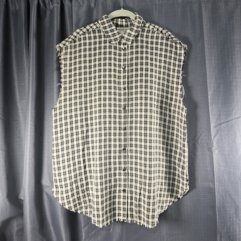 Before You Black White Plaid Woven Button-Up Collared Top Women's Sleeveless M
